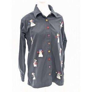 Quacker Factory 100% Cotton Snowman Embroidered Button Up Shirt Black Size Large